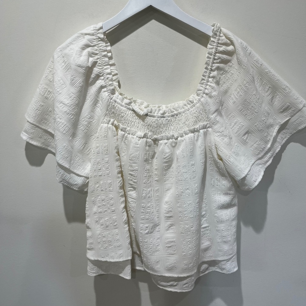 Mittoshop Blouse Women Small White Smocked Square Neck Flutter Sleeve Cottage